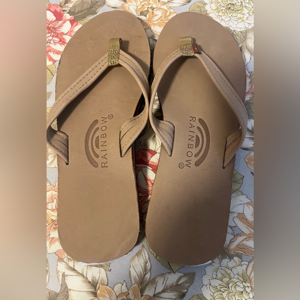 Woman’s size 8 Rainbow flip flops never worn.  Brown